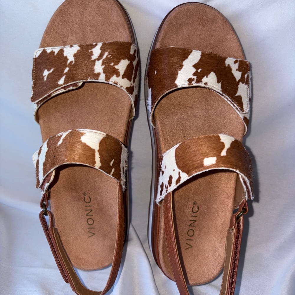 Vionic Cowhide Pattern Sandals - Brown and White … - image 3